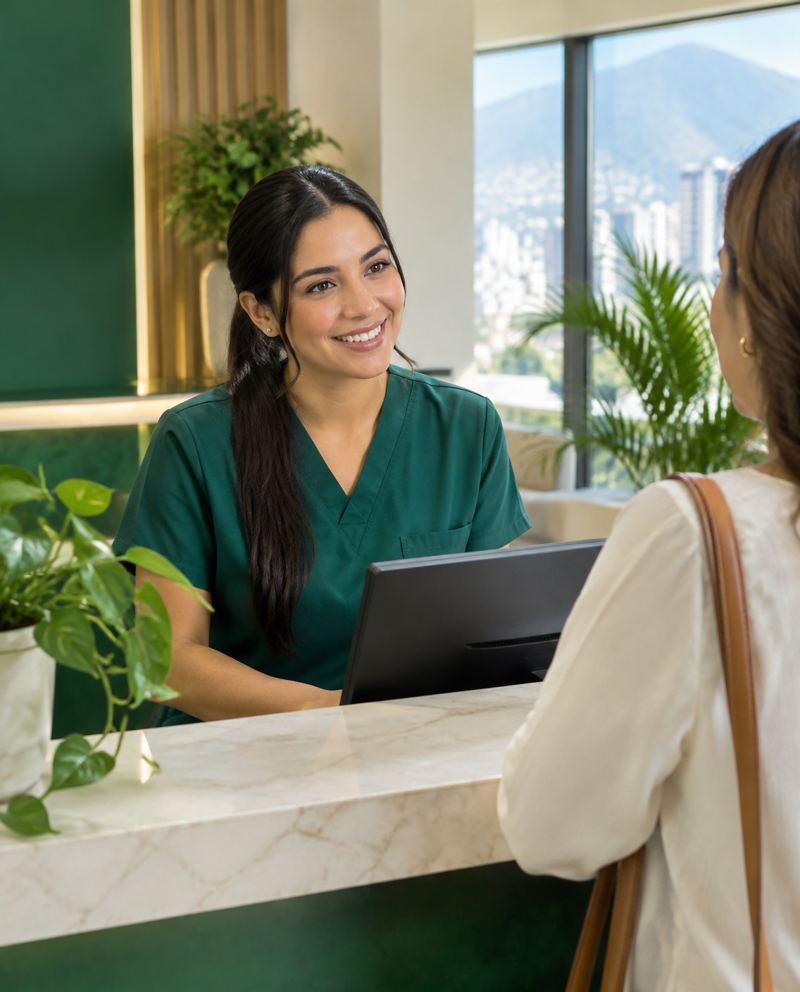 Recepcionista atendiendo a una paciente en el mostrador de la clínica